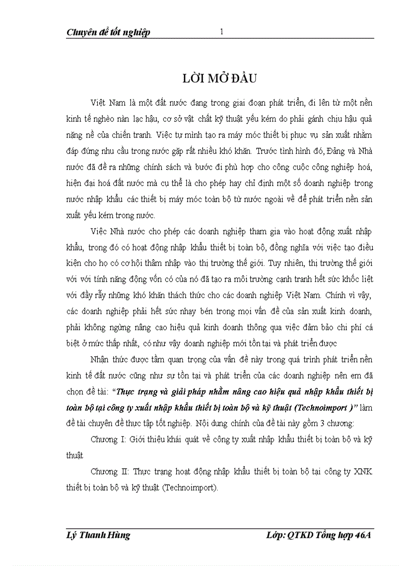 Thực trạng và giải pháp nhằm nâng cao hiệu quả nhập khẩu thiết bị toàn bộ tại công ty xuất nhập khẩu thiết bị toàn bộ và kỹ thuật Technoimport 1