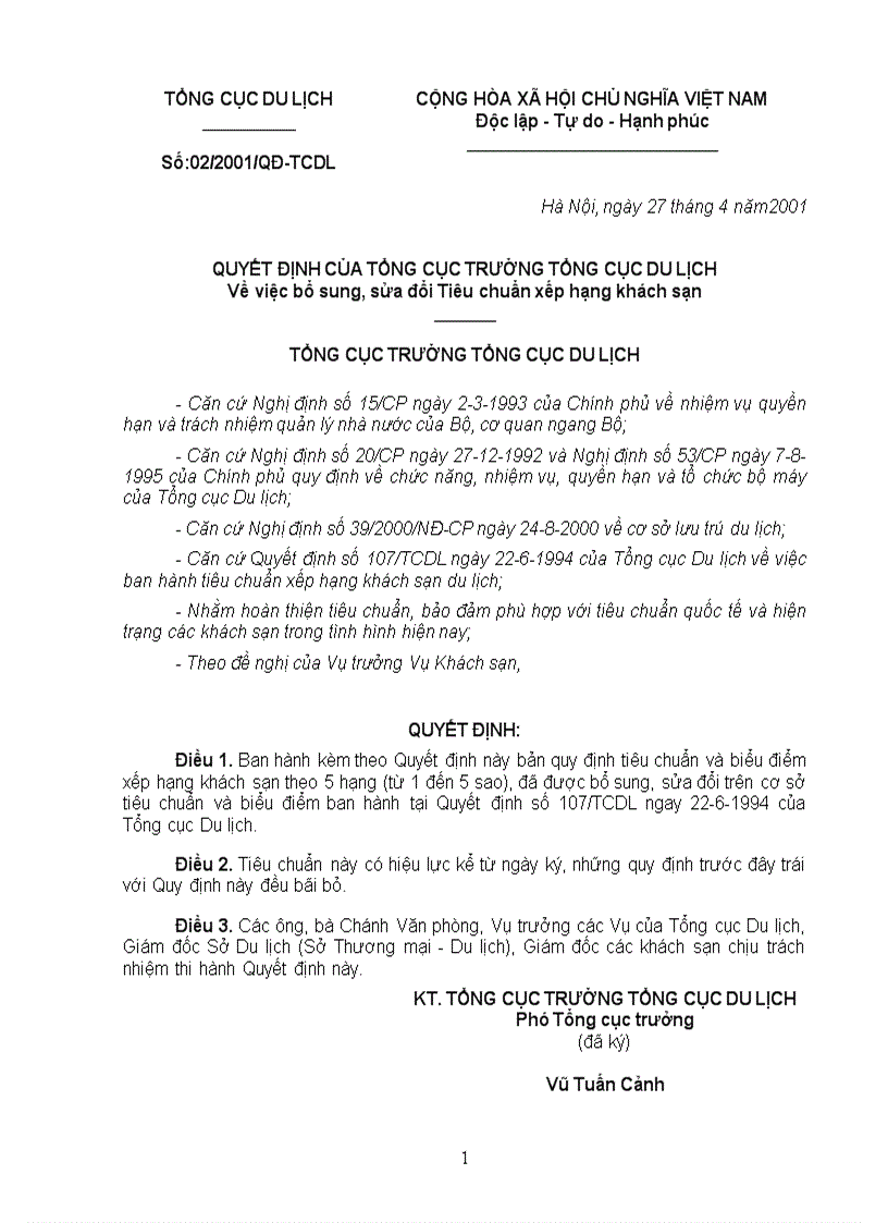 Tiêu chuẩn xếp hạng khách sạn