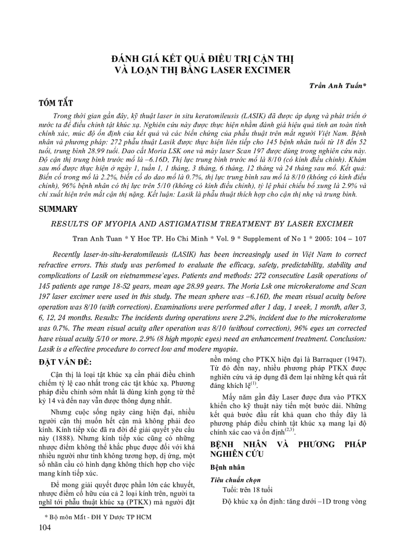 Đánh Giá Kết Quả Điều Trị Cận Thị Và Loạn Thị Bằng Laser Excimer