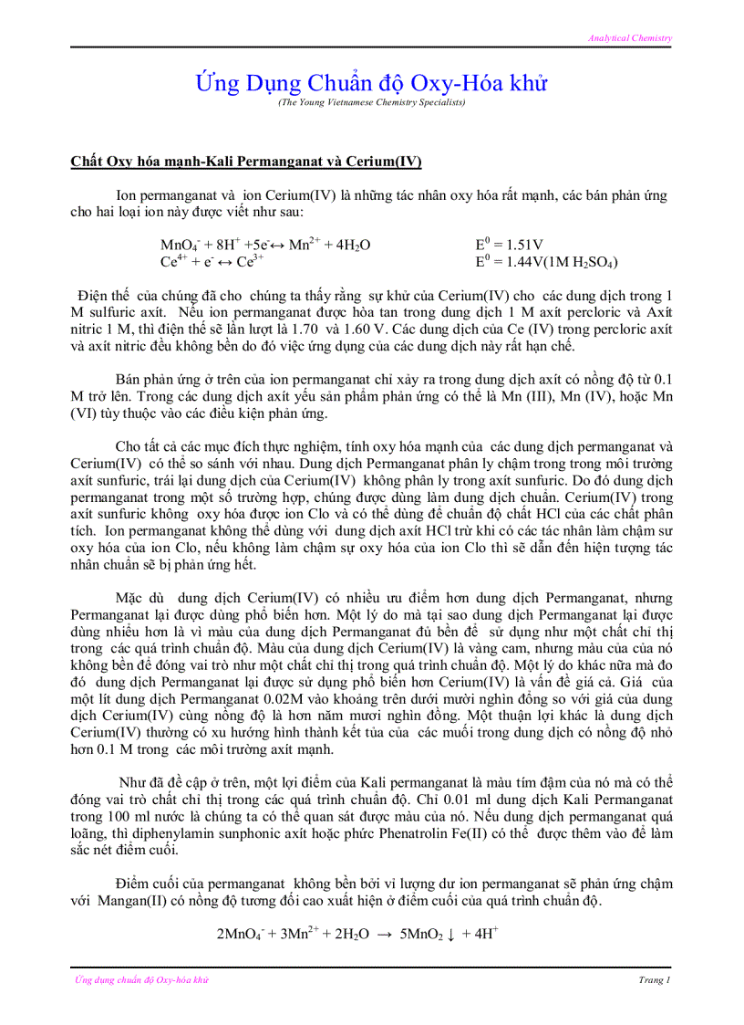 Giáo Trình Ứng Dụng Chuẩn Độ Ôxy Hóa Khử titration
