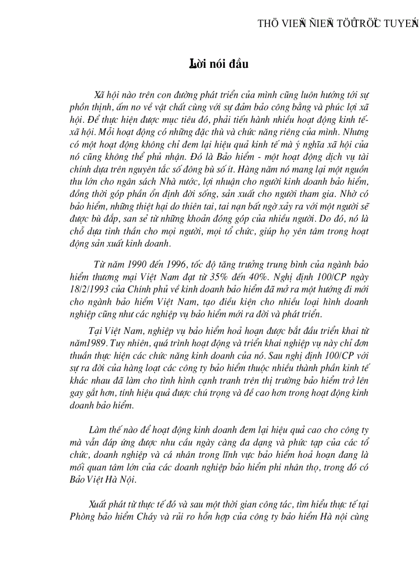 Một số giải pháp nhằm nâng cao hiệu quả kinh doanh nghiệp vụ bảo hiểm hoả hoạn tại công ty bảo hiểm Hà nội để nghiên cứu