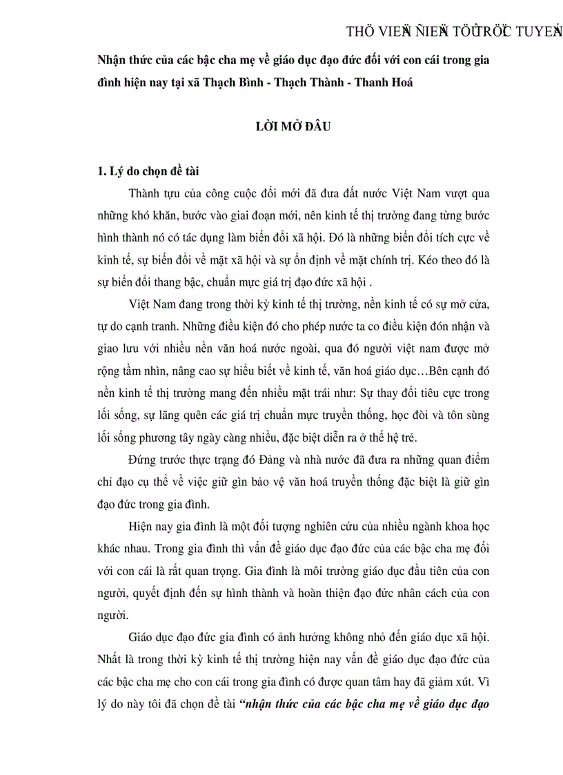 Nhận thức của các bậc cha mẹ về giáo dục đạo đức đối với con cái trong gia đình hiện nay tại xã Thạch Bình Thạch Thành Thanh Hoá