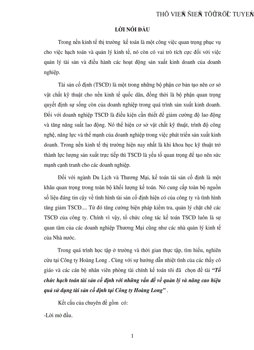 Tổ chức hạch toán tài sản cố định với những vấn đề về quản lý và nâng cao hiệu quả sử dụng tài sản cố định tại Công ty Hoàng Long