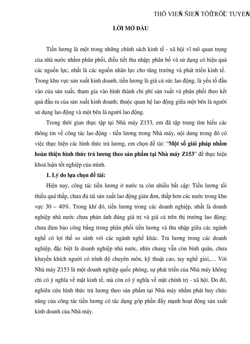 Một số giải pháp nhằm hoàn thiện hình thức trả lương theo sản phẩm tại Nhà máy Z153