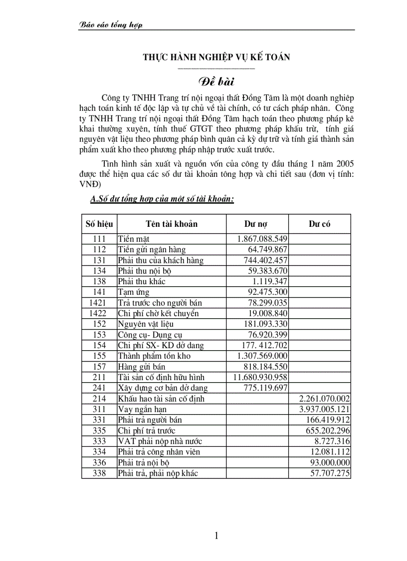 Thực hành nghiệp vụ kế toán tại Cty TNHH trang trí nội ngoại thất Đồng Tâm báo cáo tổng hợp