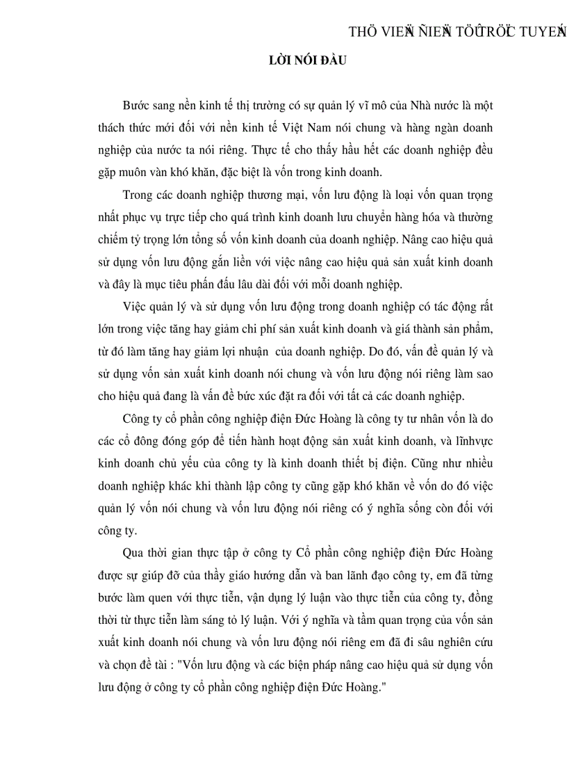 Vốn lưu động và các biện pháp nâng cao hiệu quả sử dụng vốn lưu động ở công ty cổ phần công nghiệp điện Đức Hoàng