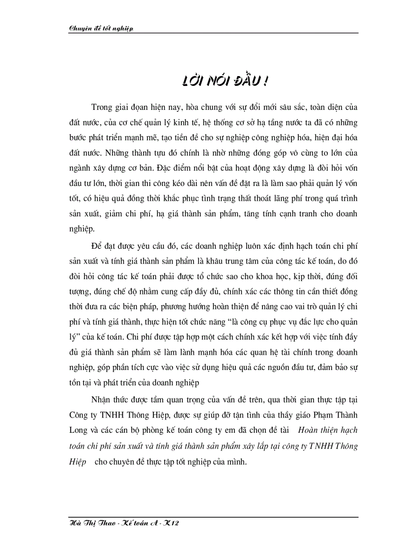 Hoàn thiện hạch toán chi phí sản xuất và tính giá thành sản phẩm xây lắp tại công ty TNHH Thông Hiệp