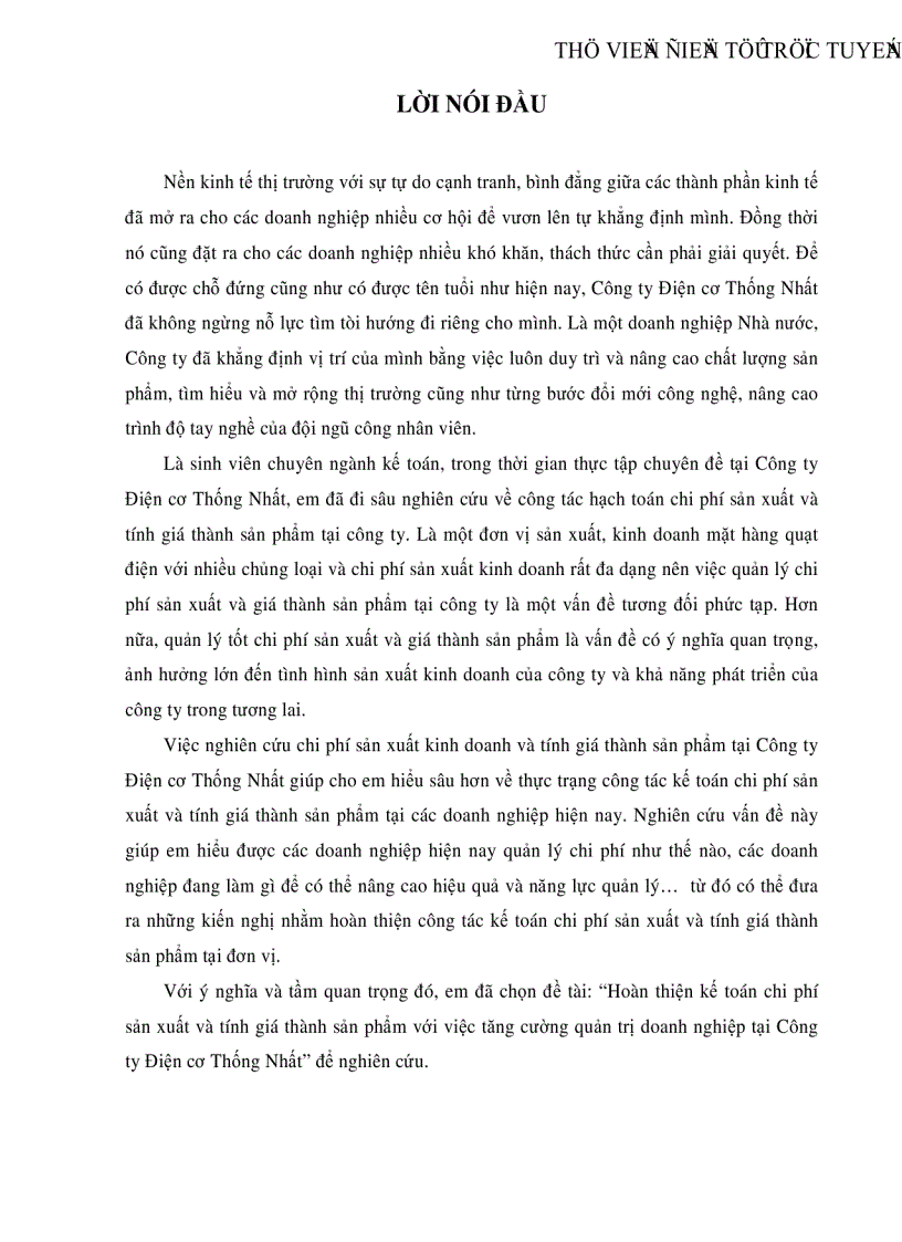 Hoàn thiện kế toán chi phí sản xuất và tính giá thành sản phẩm với việc tăng cường quản trị doanh nghiệp tại Công ty Điện cơ Thống Nhất