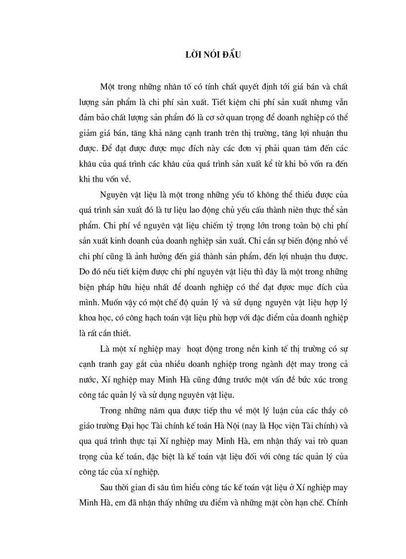 Tổ chức kế toán nguyên vật liệu và phân tích tình hình quản lý sử dụng nguyên vật liệu tại Xí nghiệp may Minh Hà