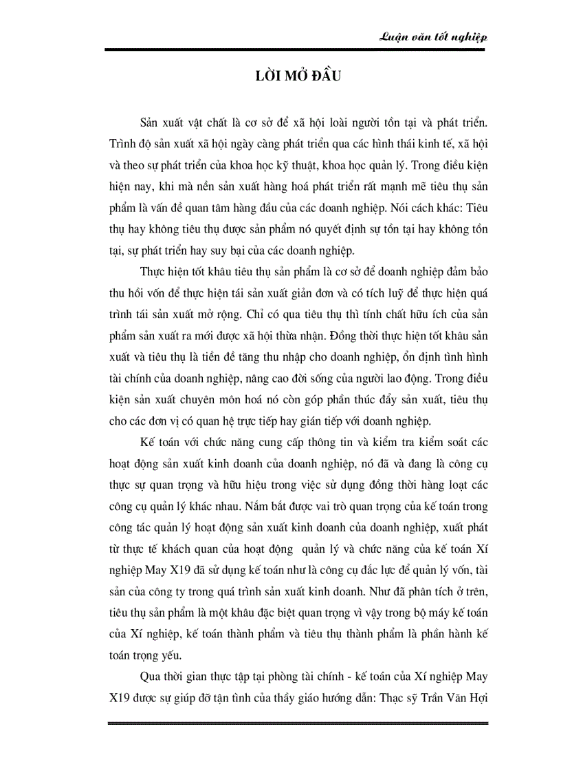 Tổ chức công tác kế toán thành phẩm và tiêu thụ thành phẩm ở Xí nghiệp May X19