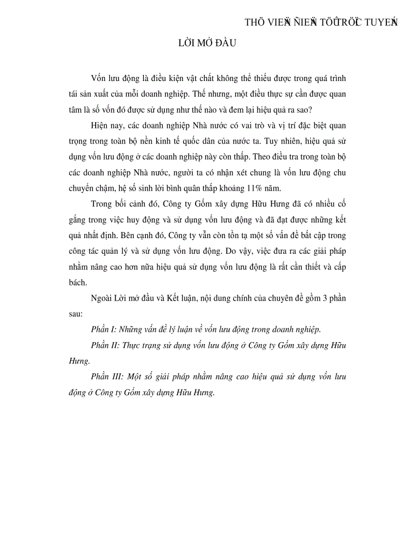 Thực trạng và một số biện pháp nhằm nâng cao hiệu quả sử dụng vốn lưu động của Công ty Gốm xây dựng Hữu Hưng