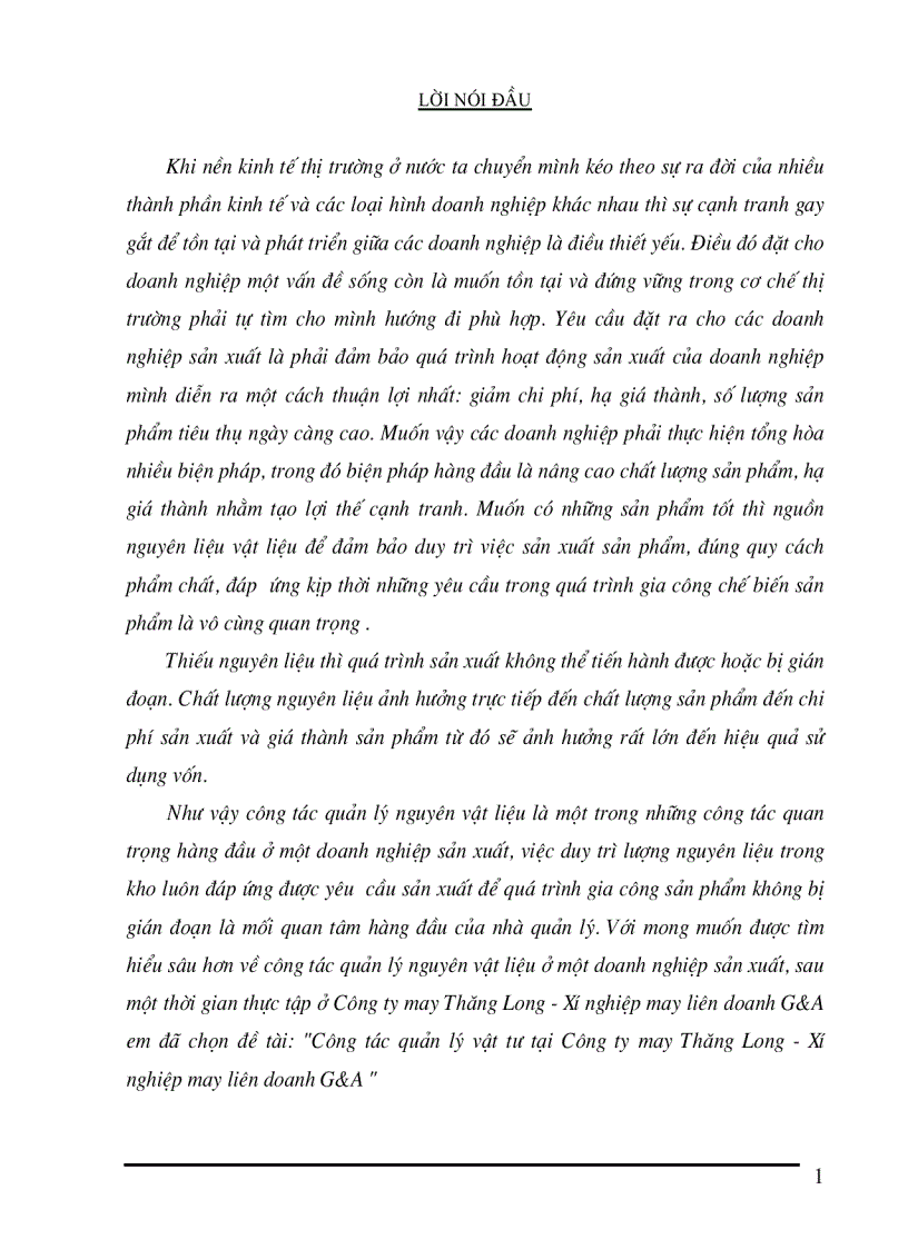 Công tác quản lý vật tư tại Công ty may Thăng Long Xí nghiệp may liên doanh G A
