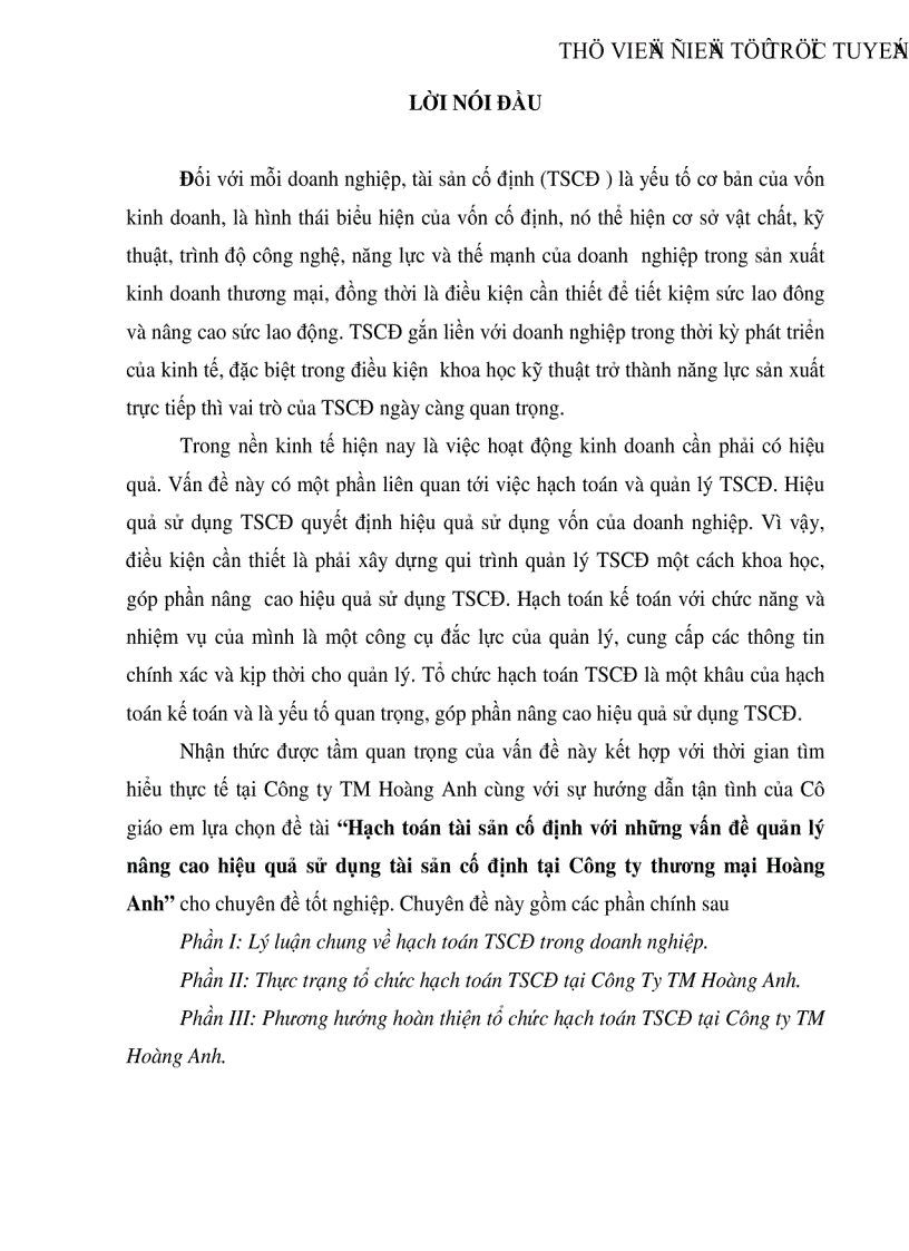 Hạch toán tài sản cố định với những vấn đề quản lý nâng cao hiệu quả sử dụng tài sản cố định tại Công ty thương mại Hoàng Anh