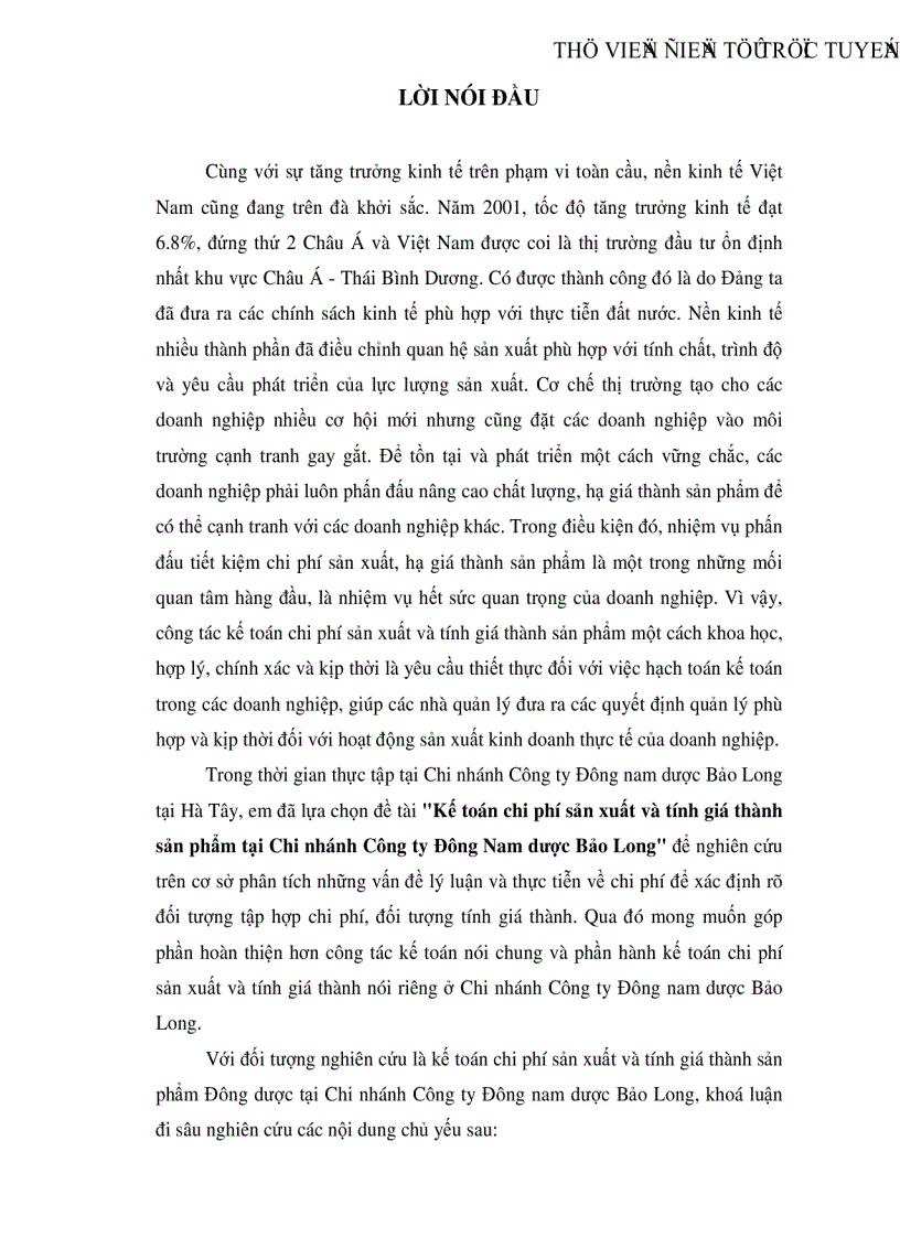 Kế toán chi phí sản xuất và tính giá thành sản phẩm tại Chi nhánh Công ty Đông Nam dược Bảo Long