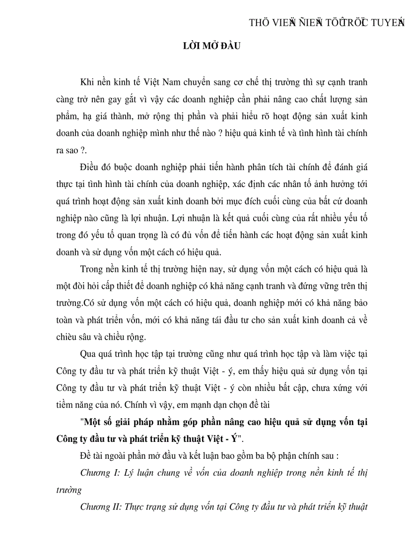 Một số giải pháp nhằm góp phần nâng cao hiệu quả sử dụng vốn tại Công ty đầu tư và phát triển kỹ thuật Việt Ý