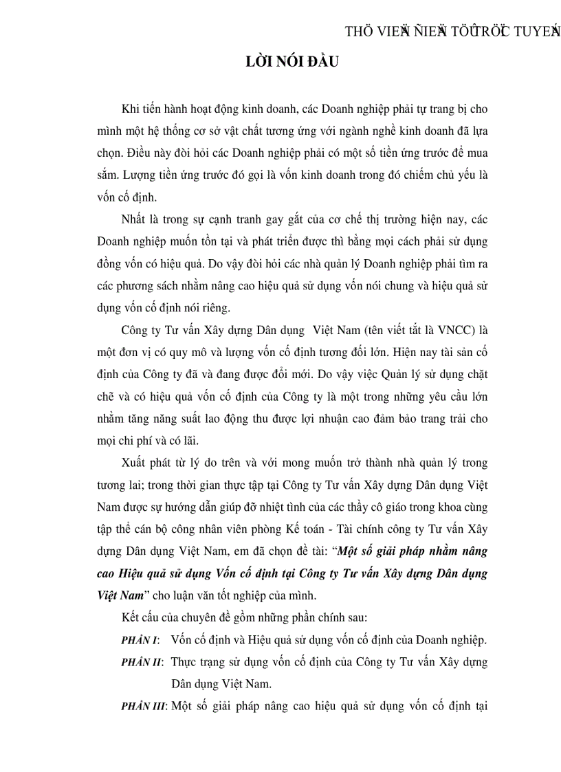 Một số giải pháp nhằm nâng cao Hiệu quả sử dụng Vốn cố định tại Công ty Tư vấn Xây dựng Dân dụng Việt Nam