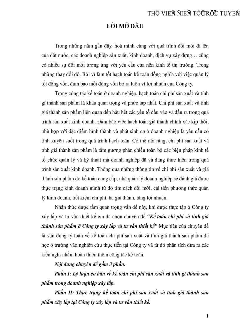 Kế toán chi phí và tính giá thành sản phẩm ở Công ty xây lắp và tư vấn thiết kế