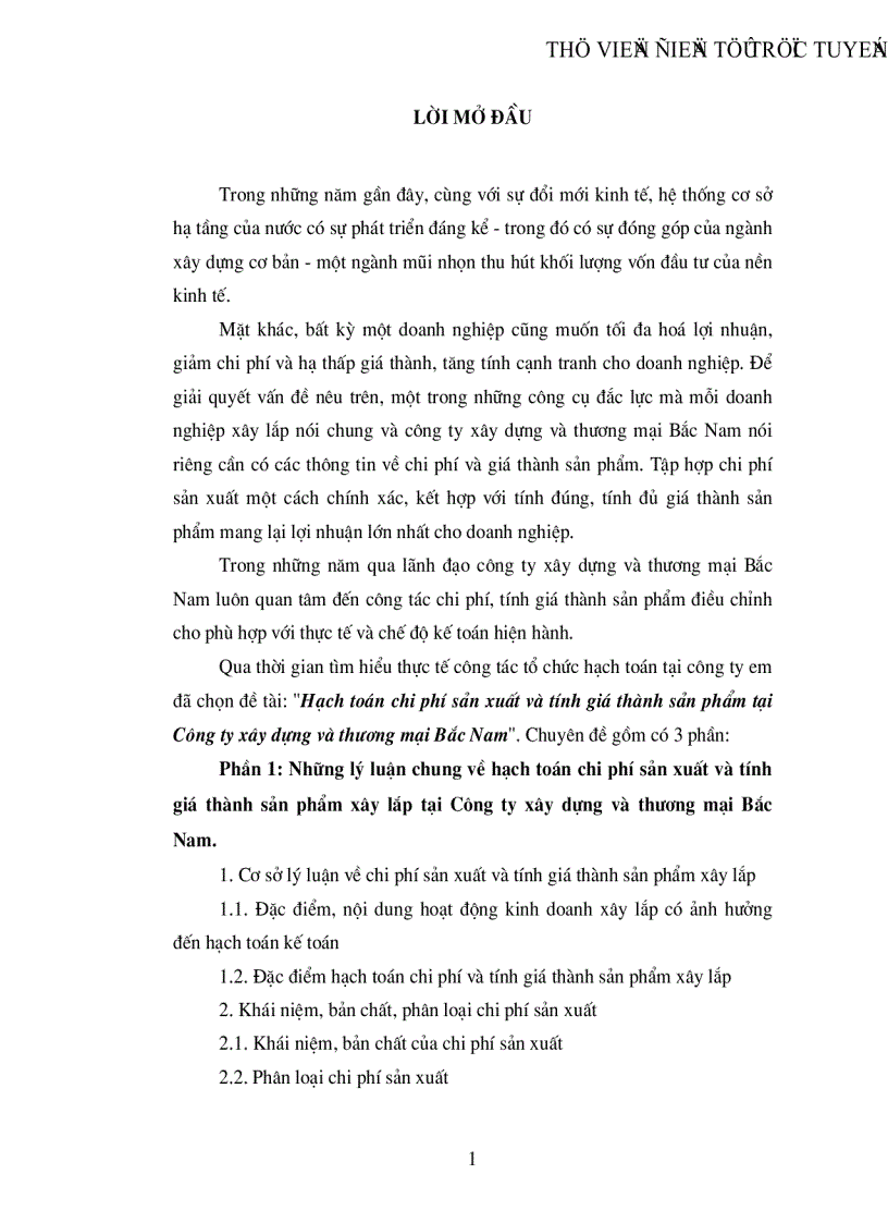 Hạch toán chi phí sản xuất và tính giá thành sản phẩm tại Công ty xây dựng và thương mại Bắc Nam