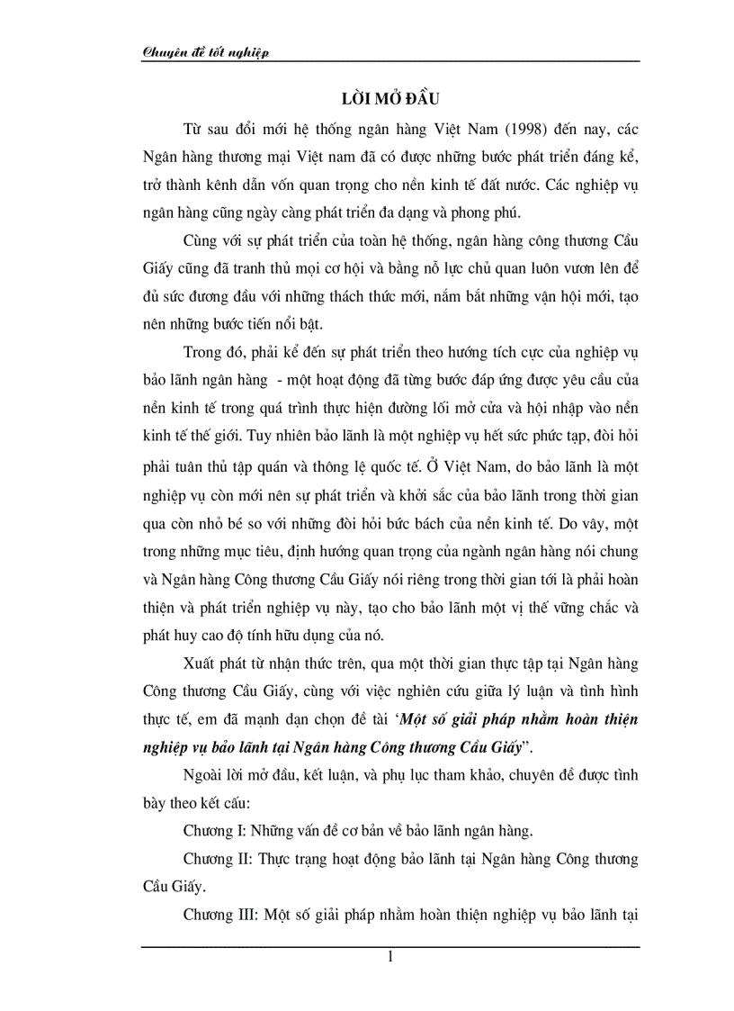 Một số giải pháp nhằm hoàn thiện nghiệp vụ bảo lãnh tại Ngân hàng Công thương Cầu Giấy
