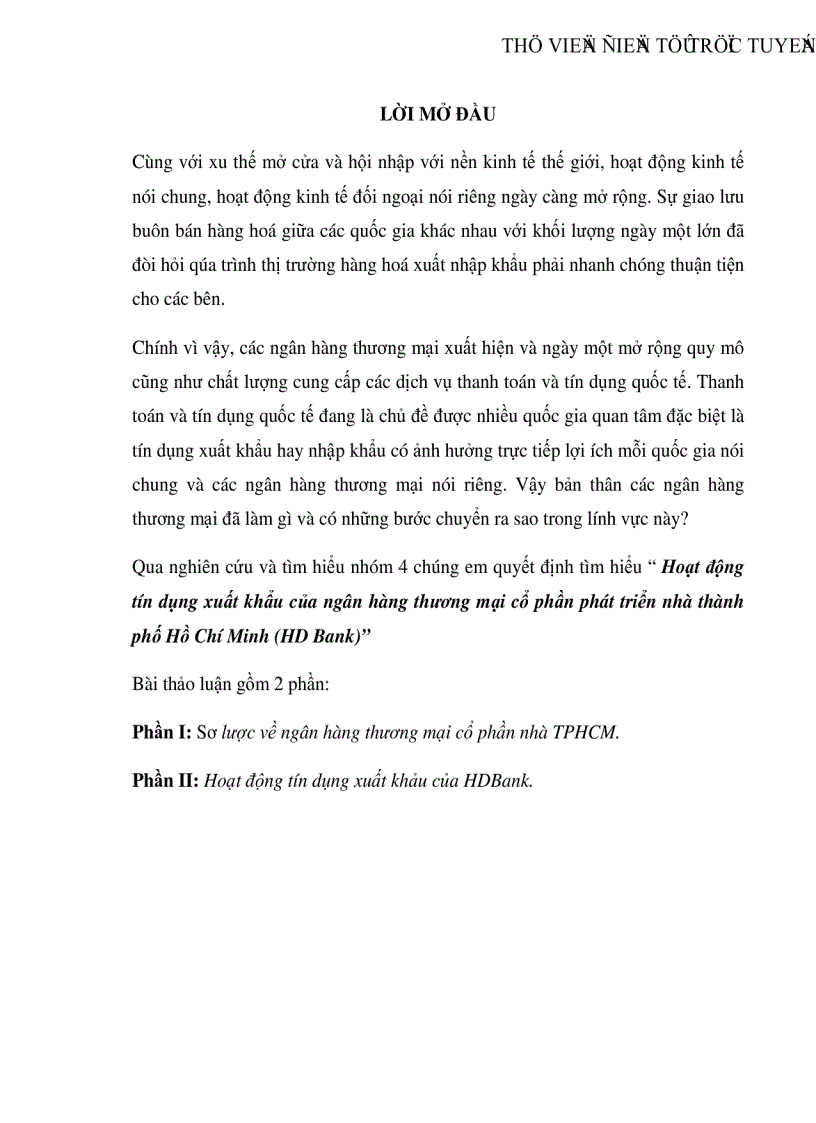 Hoạt động tín dụng xuất khẩu của ngân hàng thương mại cổ phần phát triển nhà thành phố Hồ Chí Minh HD Bank