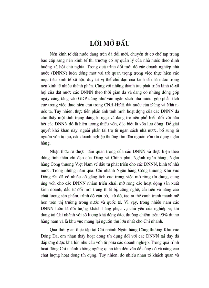 Giải pháp nâng cao chất lượng tín dụng khi cho vay Doanh nghiệp Nhà nước tại Chi nhánh Ngân hàng Công thương Khu vực Đống Đa