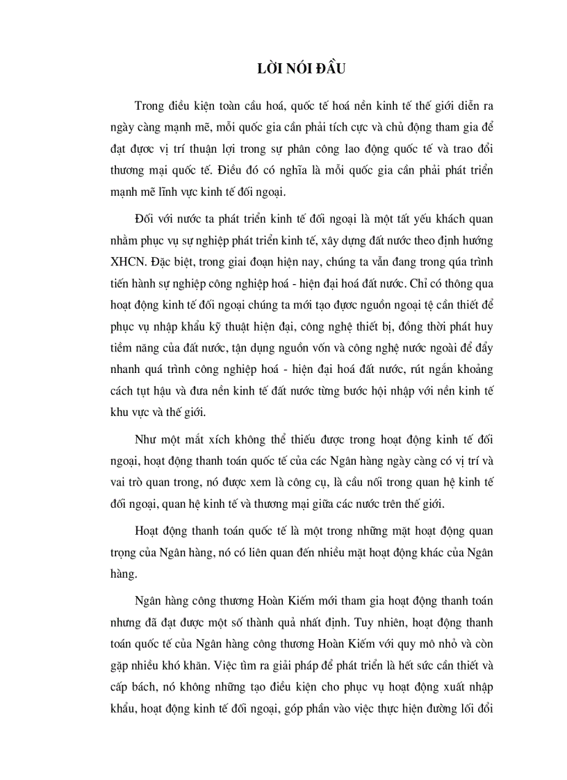 Giải pháp phát triển hoạt động thanh toán quốc tế tại Chi nhánh Ngân hàng công thương Hoàn Kiếm