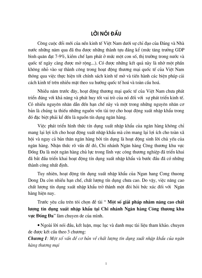 Một số giải pháp nhằm nâng cao chất lượng tín dụng xuất nhập khẩu tại Chi nhánh Ngân hàng Công thương khu vực Đống Đa