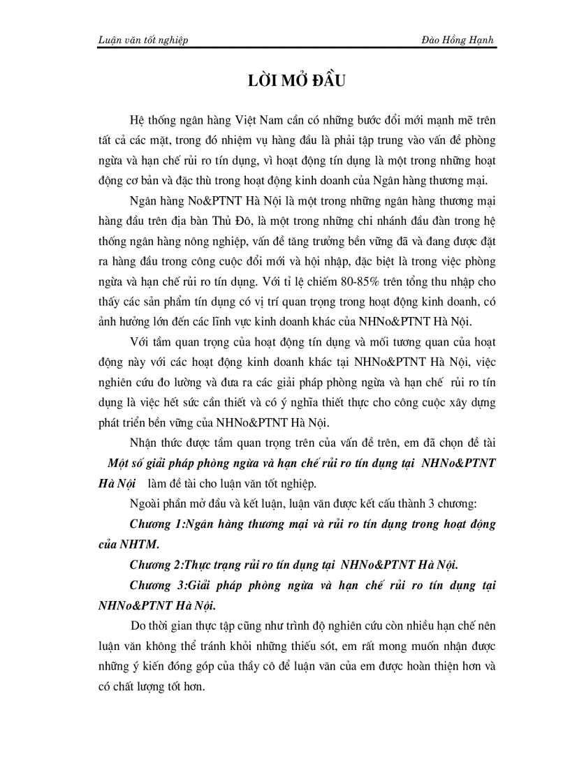 Một số giải pháp phòng ngừa và hạn chế rủi ro tín dụng tại NHNo PTNT Hà Nội