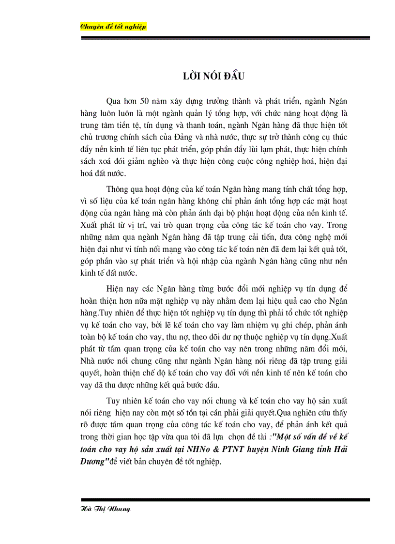 Một số vấn đề về kế toán cho vay hộ sản xuất tại NHNo PTNT huyện Ninh Giang tỉnh Hải Dương