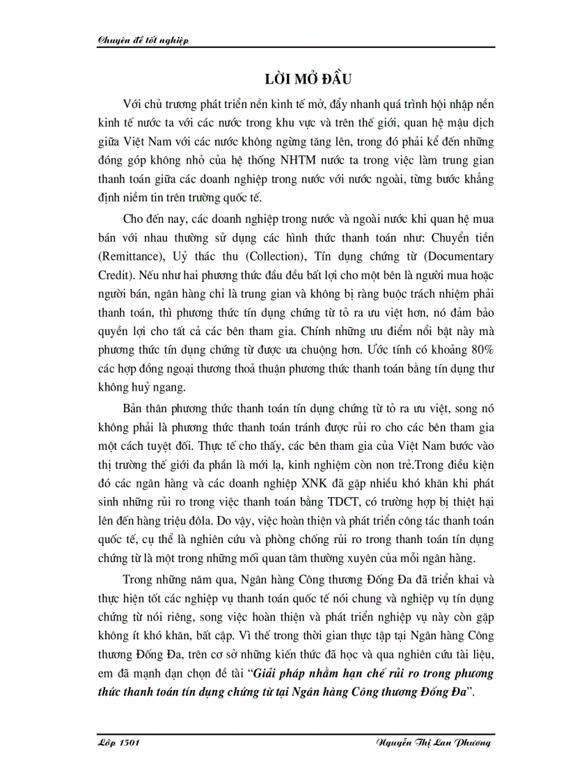 Giải pháp nhằm hạn chế rủi ro trong phương thức thanh toán tín dụng chứng từ tại Ngân hàng Công thương Đống Đa