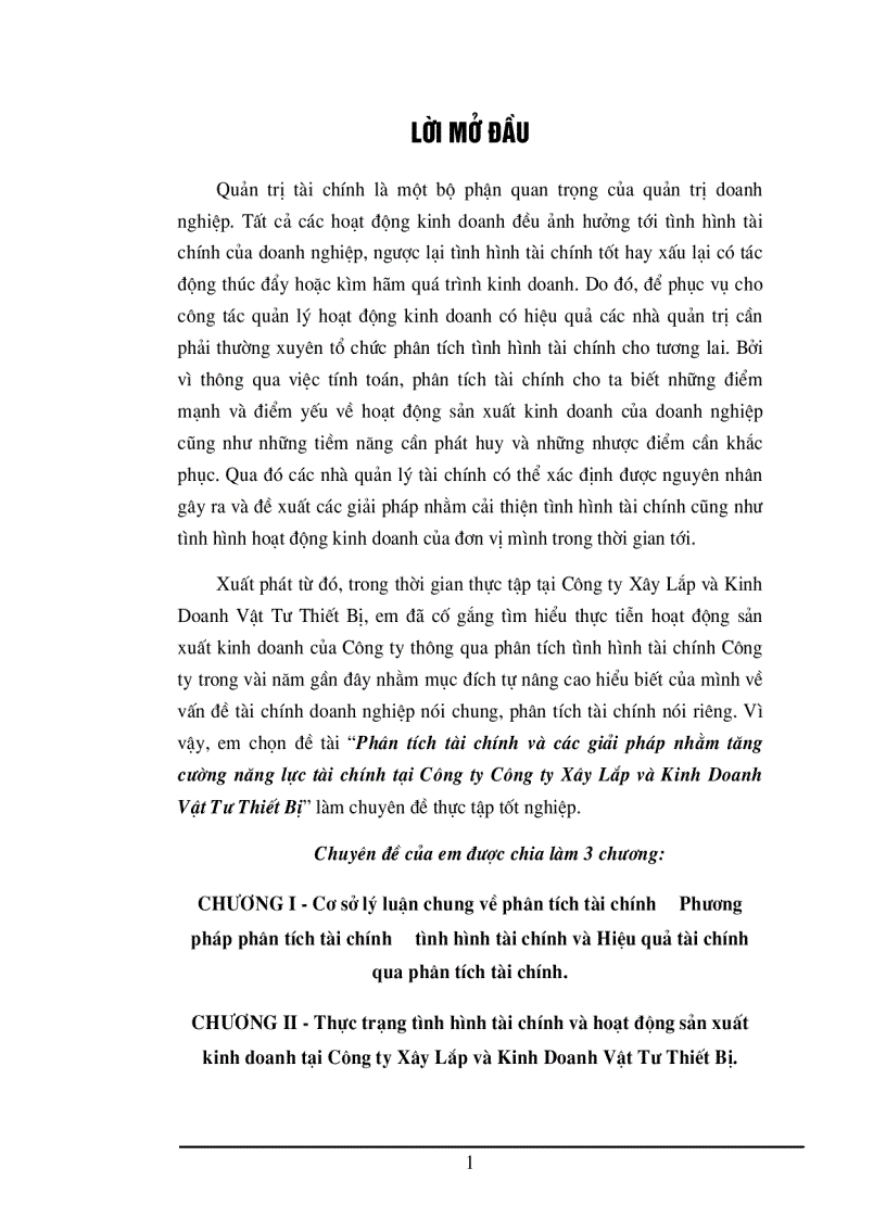 Phân tích tài chính và các giải pháp nhằm tăng cường năng lực tài chính tại Công ty Công ty Xây Lắp và Kinh Doanh Vật Tư Thiết Bị