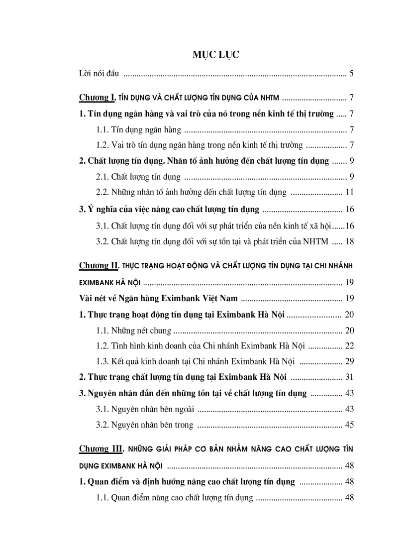 Chất lượng tín dụng ngân hàng hiện trạng và giải pháp nâng cao chất lượng tín dụng tại NHTMCP Eximbank Hà Nội