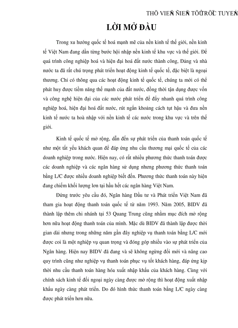 Thực trạng thanh toán bằng L C tại Ngân hàng đầu tư và phát triển Việt Nam chi nhánh Quang Trung