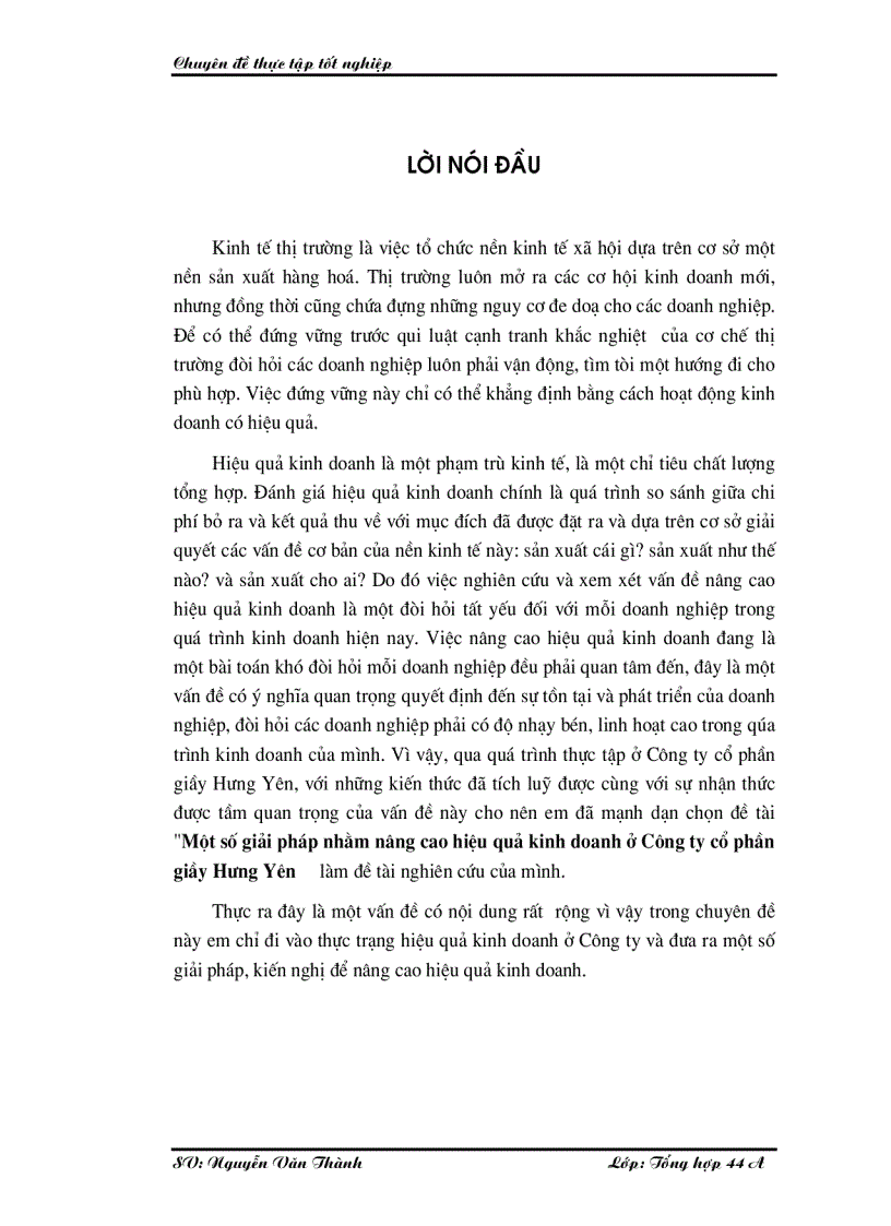 Một số giải pháp nhằm nâng cao hiệu quả kinh doanh ở Công ty cổ phần giầy Hưng Yên