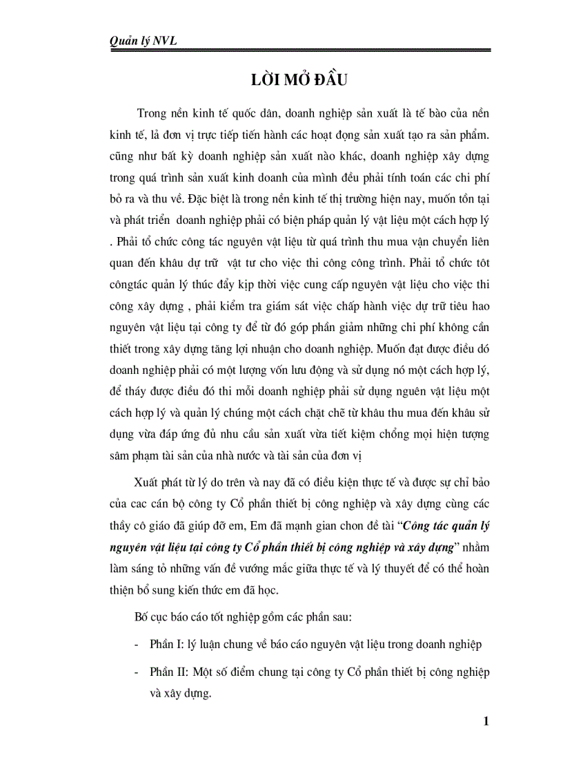 Công tác quản lý nguyên vật liệu tại công ty Cổ phần thiết bị công nghiệp và xây dựng
