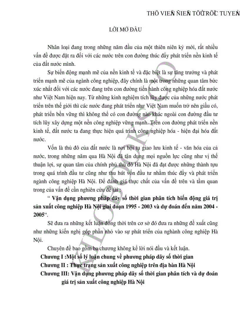 Vận dụng phương pháp dãy số thời gian phân tích biến động giá trị sản xuất công nghiệp Hà Nội giai đoạn 1995 2003 và dự đoán đến năm 2004 2005