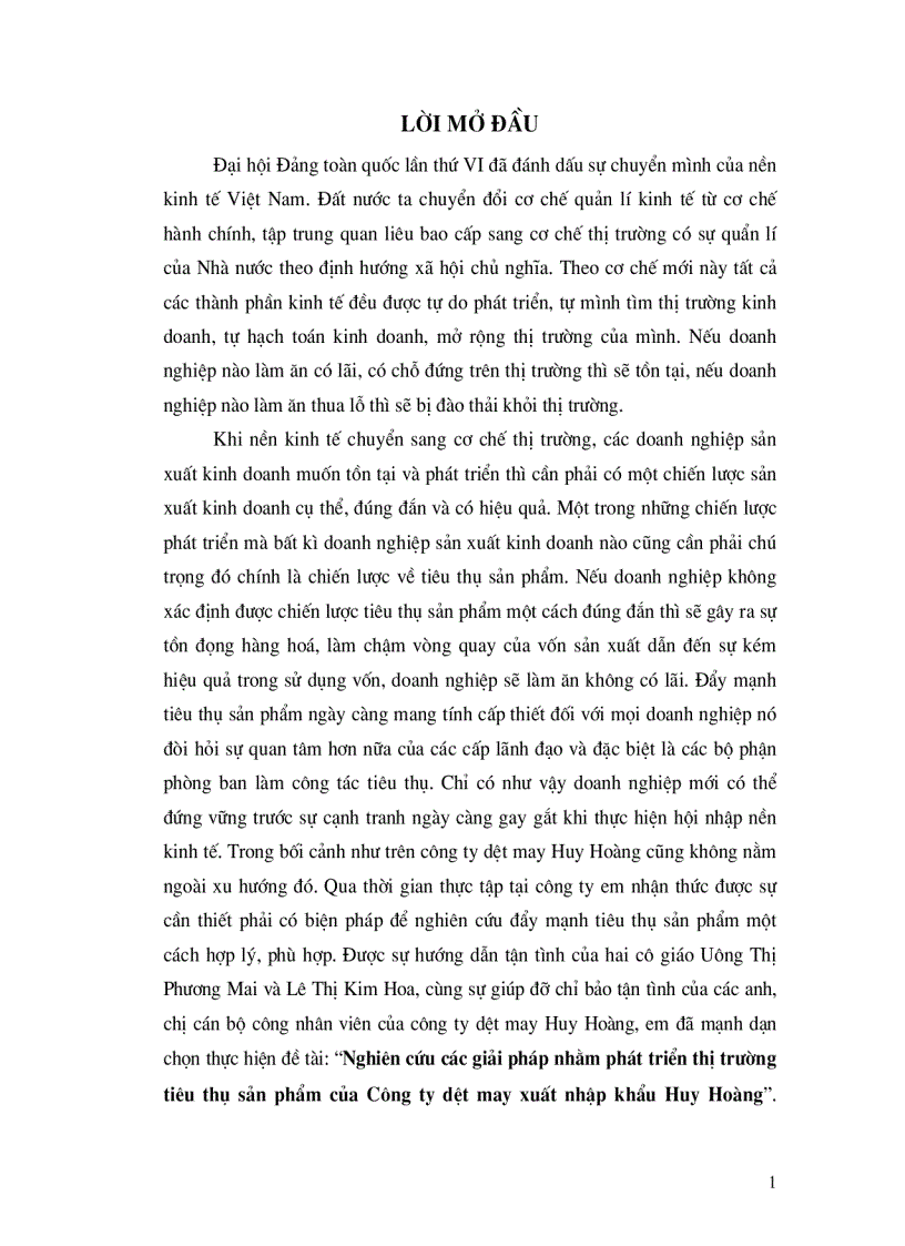 Nghiên cứu các giải pháp nhằm phát triển thị trường tiêu thụ sản phẩm của Công ty dệt may xuất nhập khẩu Huy Hoàng
