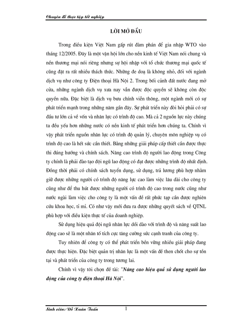 Nâng cao hiệu quả sử dụng người lao động của công ty điện thoại Hà Nội