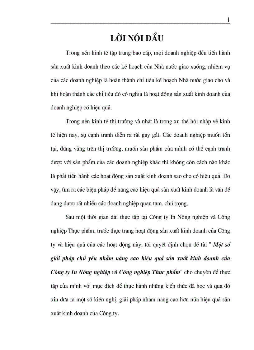 Một số giải pháp chủ yếu nhằm nâng cao hiệu quả sản xuất kinh doanh của Công ty In Nông nghiệp và Công nghiệp Thực phẩm