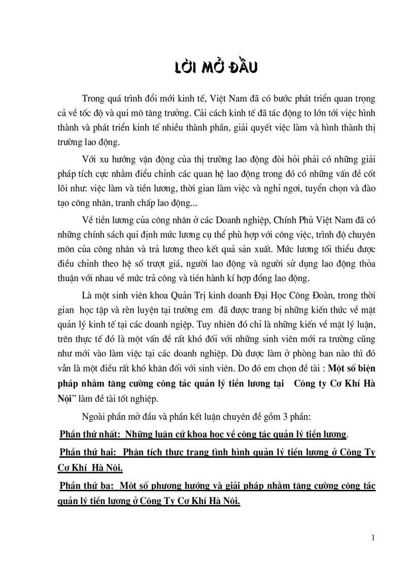 Một số biện pháp nhằm tăng cường công tác quản lý tiền lương tại Công ty Cơ Khí Hà Nội