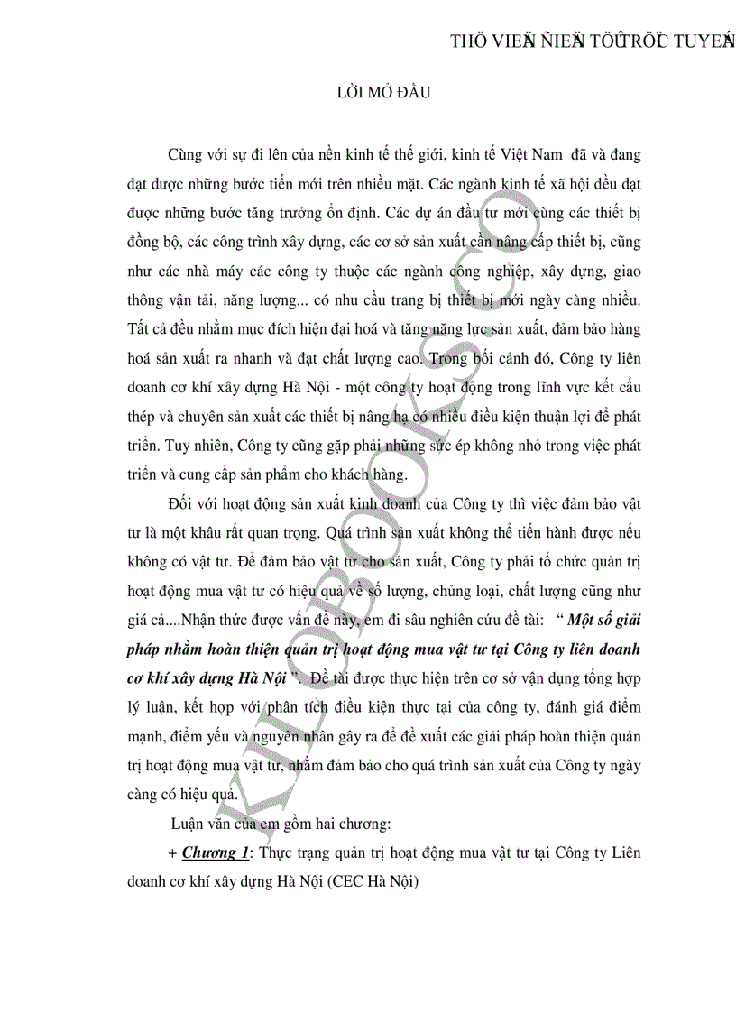 Một số giải pháp nhằm hoàn thiện quản trị hoạt động mua vật tư tại Công ty liên doanh cơ khí xây dựng Hà Nội