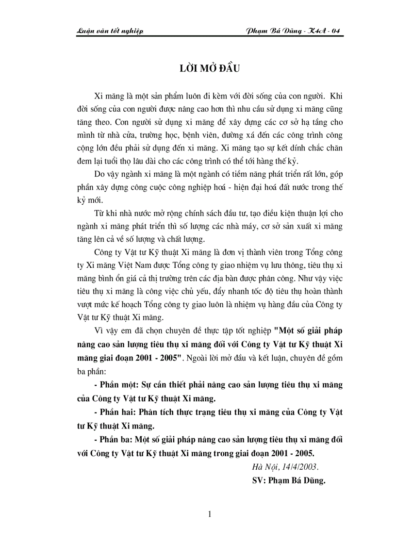 Một số giải pháp nâng cao sản lượng tiêu thụ xi măng đối với Công ty Vật tư Kỹ thuật Xi măng giai đoạn 2001 2005