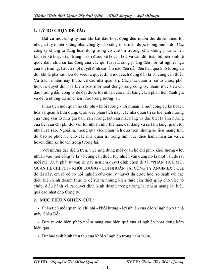 Phân tích mối quan hệ chi phí khối lượng lợi nhuận tại công ty Angimex