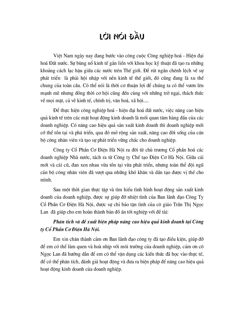 Phân tích và đề xuất biện pháp nâng cao hiệu quả kinh doanh tại Công ty Cổ Phần Cơ Điện Hà Nội