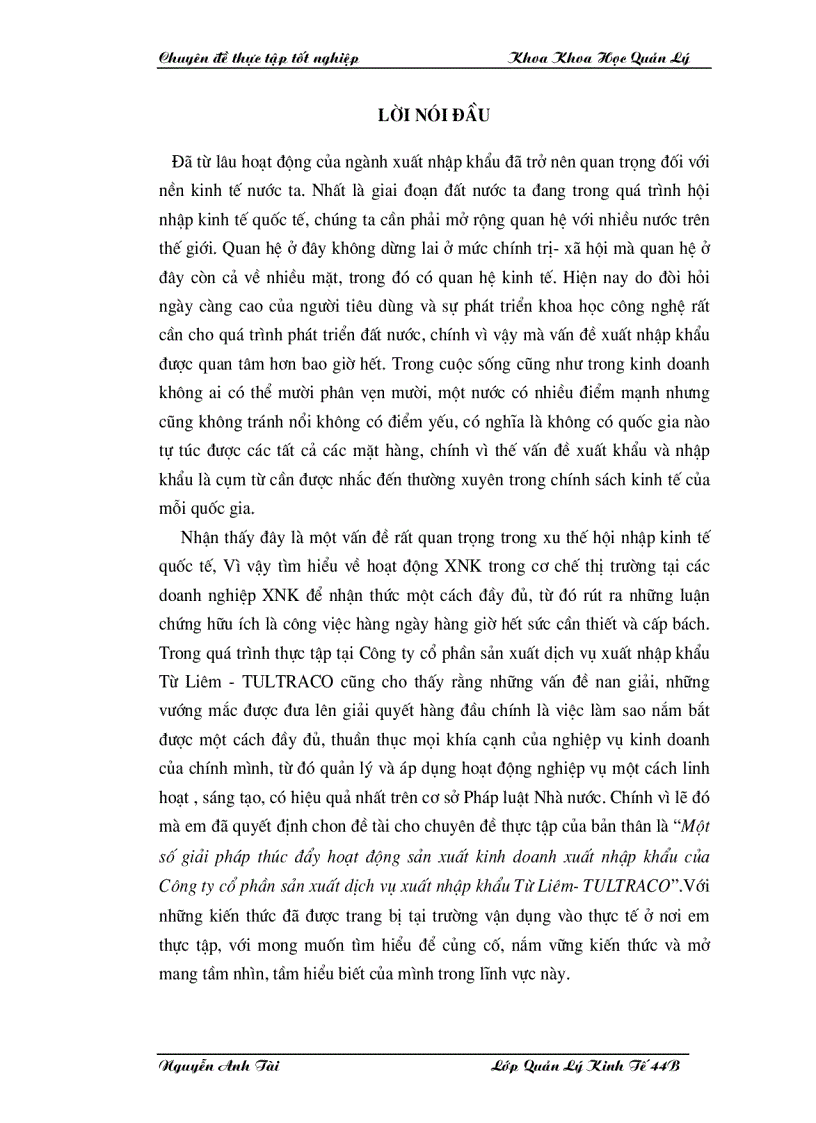 Một số giải pháp thúc đẩy hoạt động sản xuất kinh doanh xuất nhập khẩu của Công ty cổ phần sản xuất dịch vụ xuất nhập khẩu Từ Liêm TULTRACO