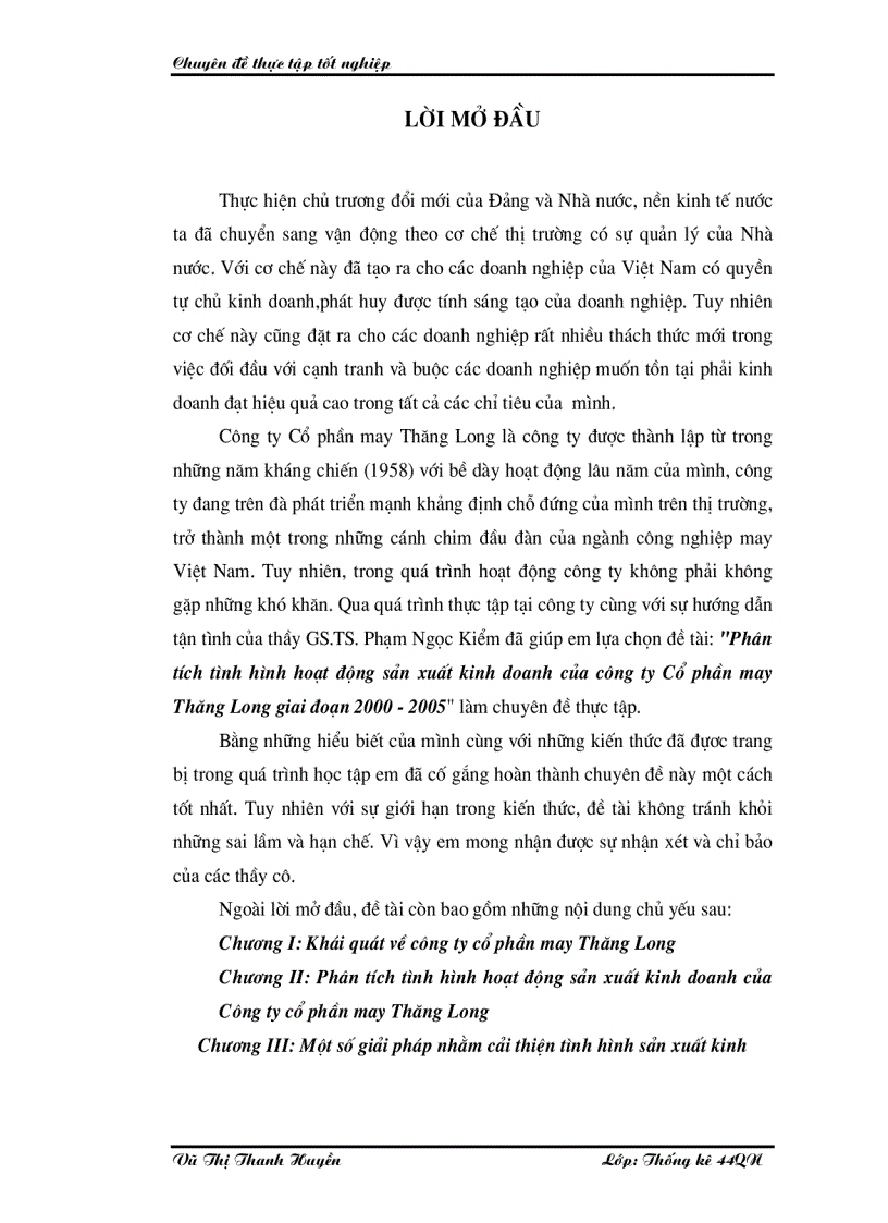 Phân tích tình hình hoạt động sản xuất kinh doanh của công ty Cổ phần may Thăng Long giai đoạn 2000 2005
