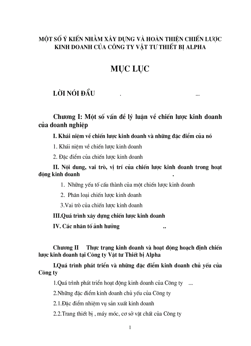 Một số ý kiến nhằm xây dựng và hoàn thiện chiến lược kinh doanh của công ty Vật tư Thiết bị Alpha