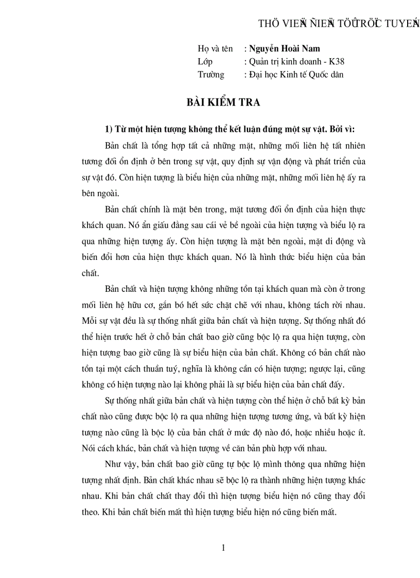 Sự thống nhất giữa bản chất và hiện tượng
