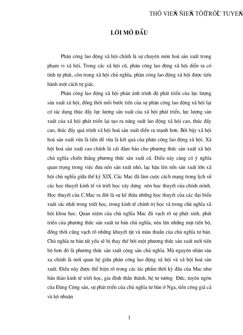 Tìm hiểu mối quan hệ giữa phân công lao động xã hội và xã hội hoá sản xuất qua một số tác phẩm thời kỳ đầu của Mac