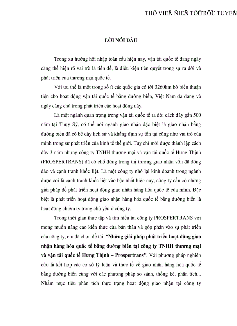Những giải pháp phát triển hoạt động giao nhận hàng hóa quốc tế bằng đường biển tại công ty TNHH thương mại và vận tải quốc tế Hưng Thịnh Prospertrans